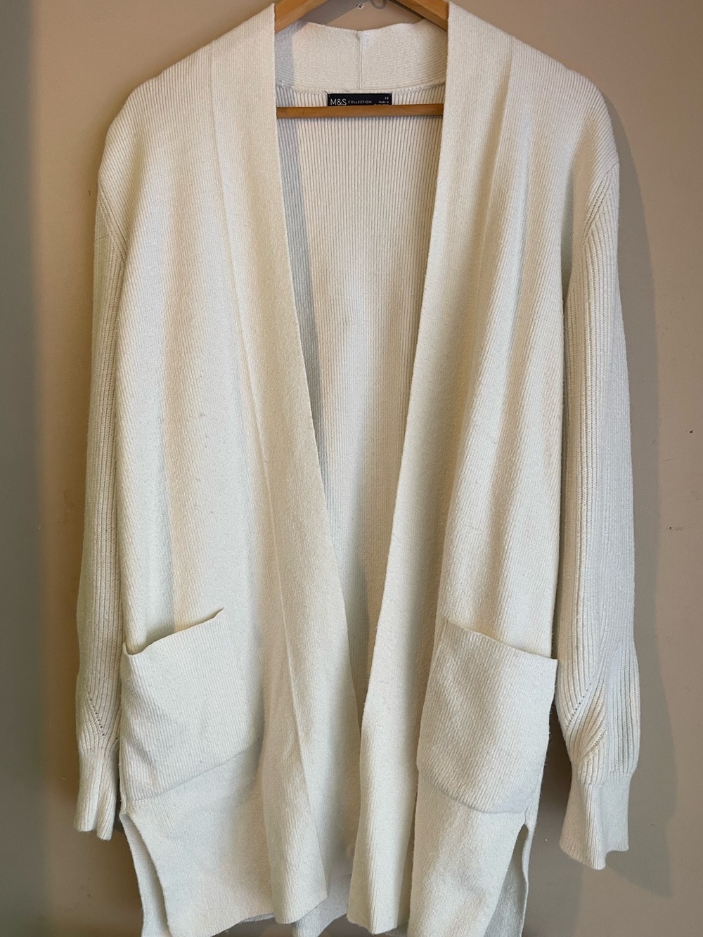 M&S Collection Cream Open Front Pocket Cardigan Sweater Ribbed Knit Size 14